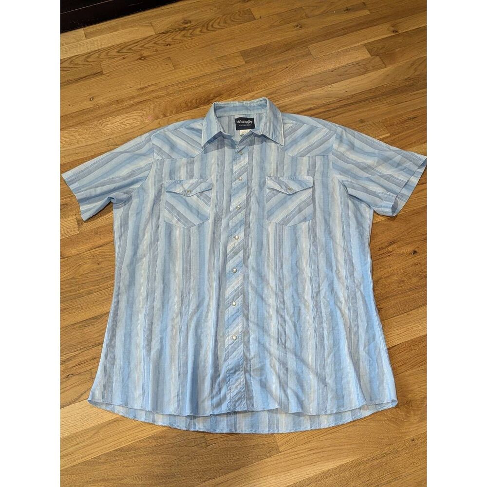 Vintage Wrangler Pearl Snap Shirt XLT XL Tall Short Sleeve Blue Striped Western